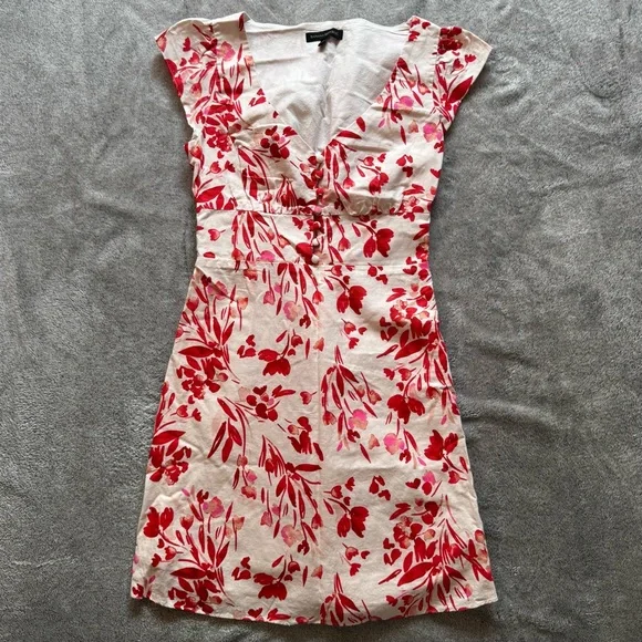 Banana Republic Linen-Cotton Red/Pink/White Floral Mini Dress V-Neck - Size 2 - Picture 10 of 11